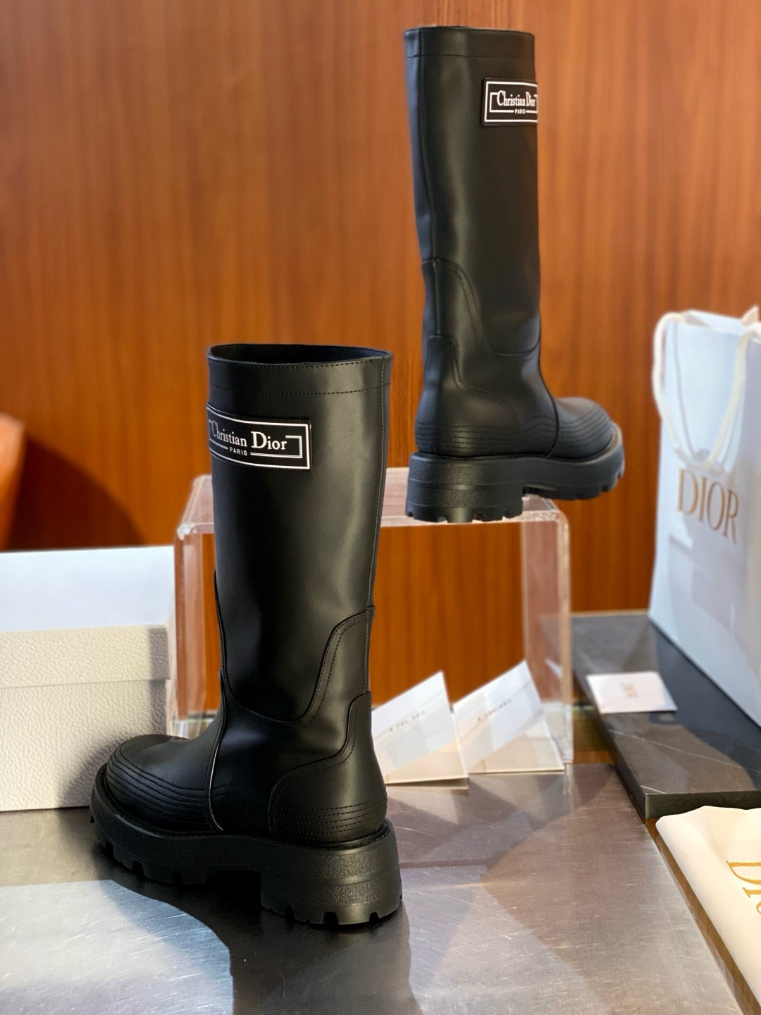 Black Leather Lug Sole Knee-High Boot - Women's