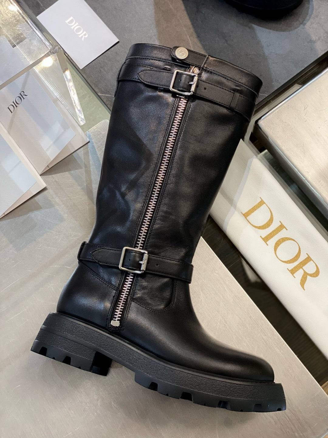 Black Leather Lug Sole Knee-High Boot - Women's