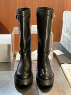 Black Leather Lug Sole Knee-High Boot - Women's