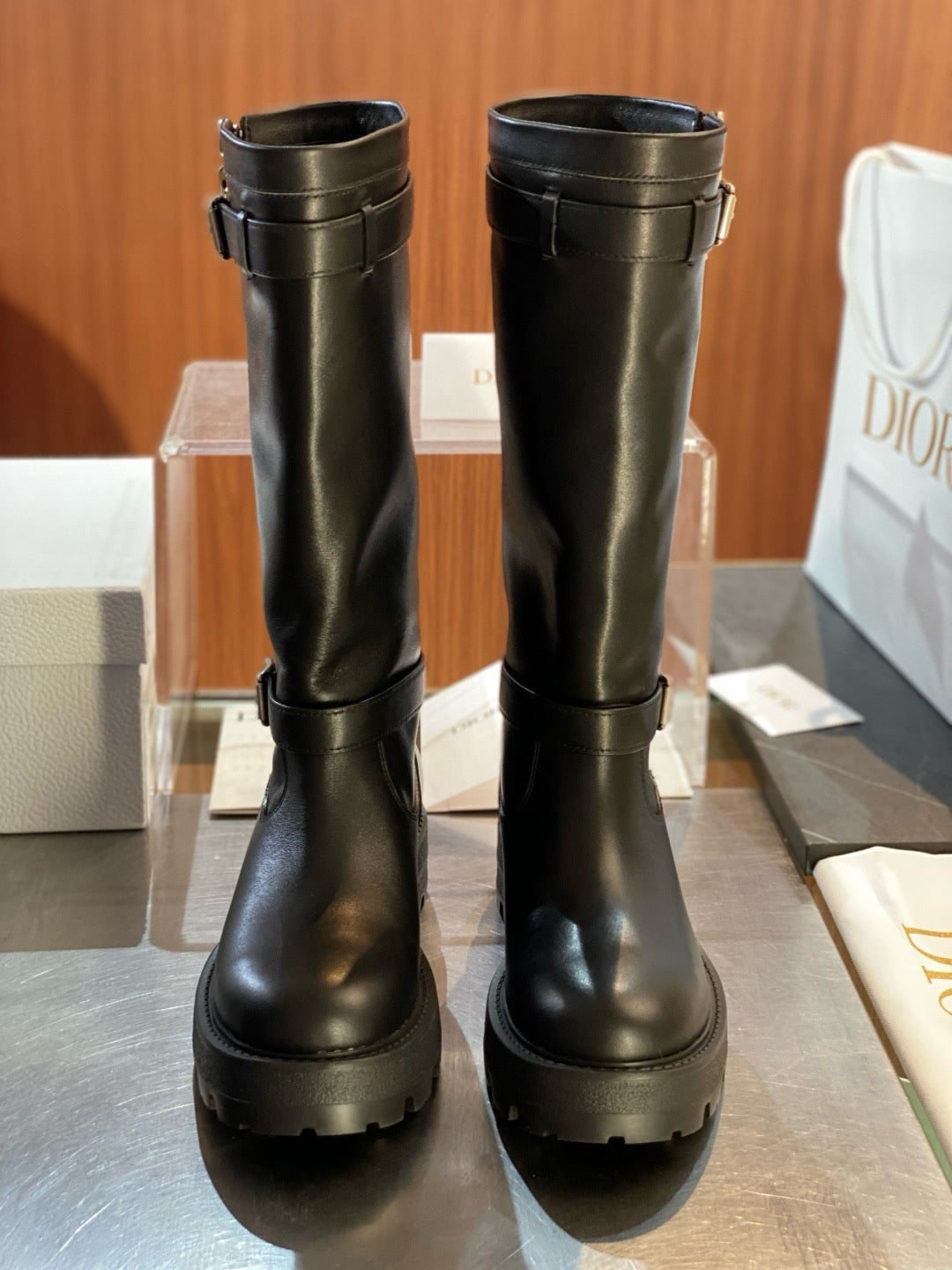Black Leather Lug Sole Knee-High Boot - Women's