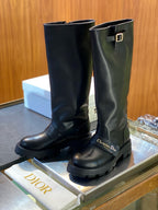 Black Leather Lug Sole Knee-High Boot - Women's