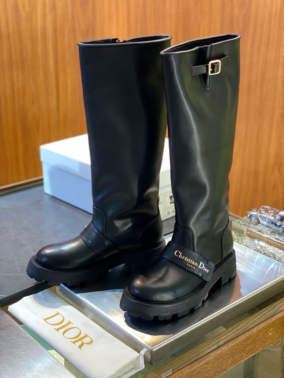 Black Leather Lug Sole Knee-High Boot - Women's
