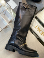 Black Leather Lug Sole Knee-High Boot - Women's