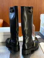 Black Leather Lug Sole Knee-High Boot - Women's