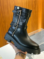 Black Leather Buckle Biker Boot - Women's
