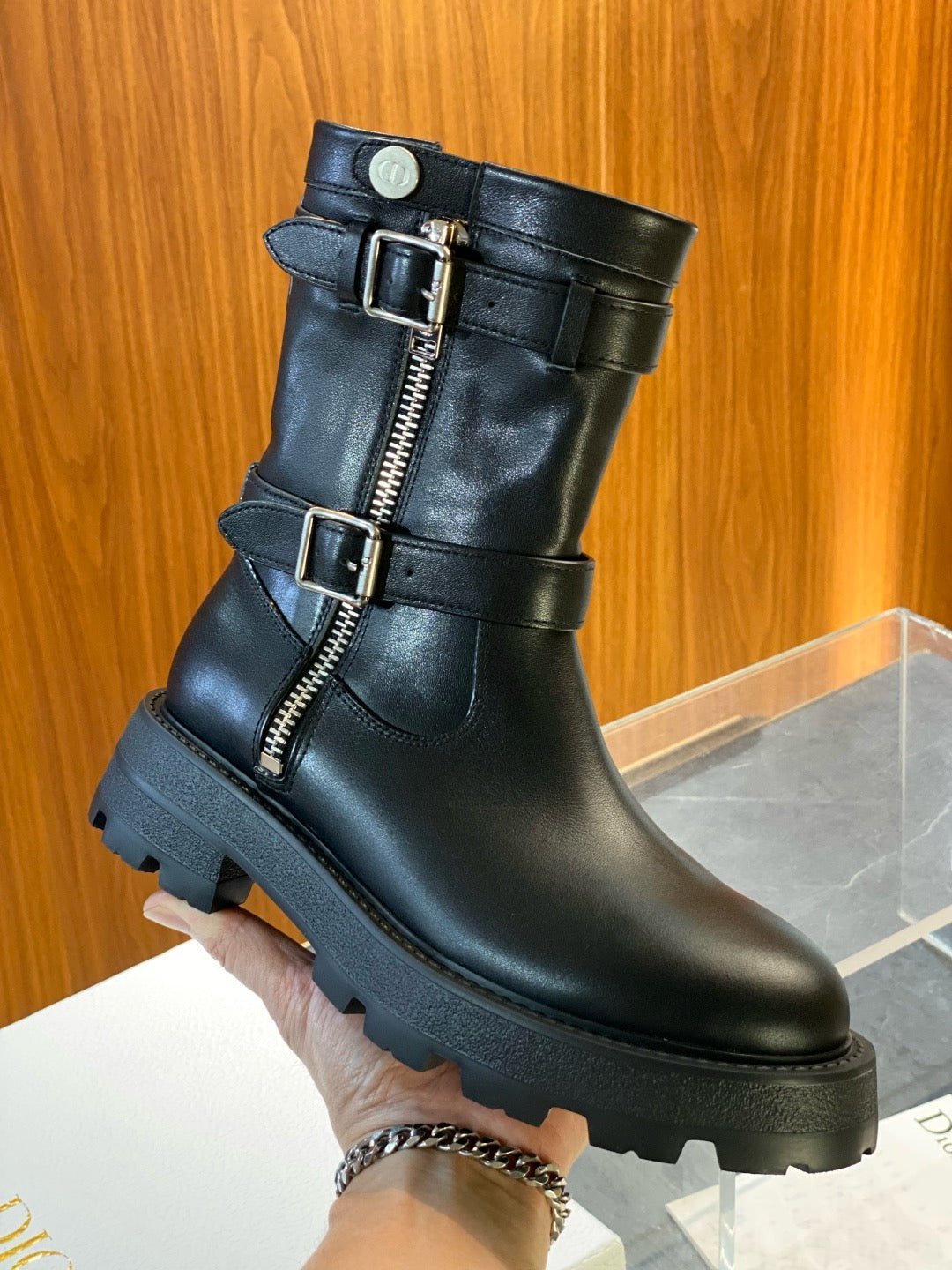 Black Leather Buckle Biker Boot - Women's