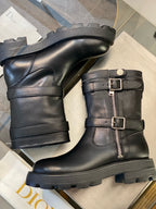 Black Leather Buckle Biker Boot - Women's