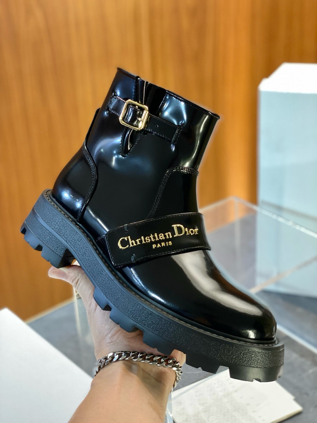 Black Leather Buckle Biker Boot - Women's