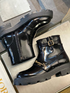 Black Leather Buckle Biker Boot - Women's