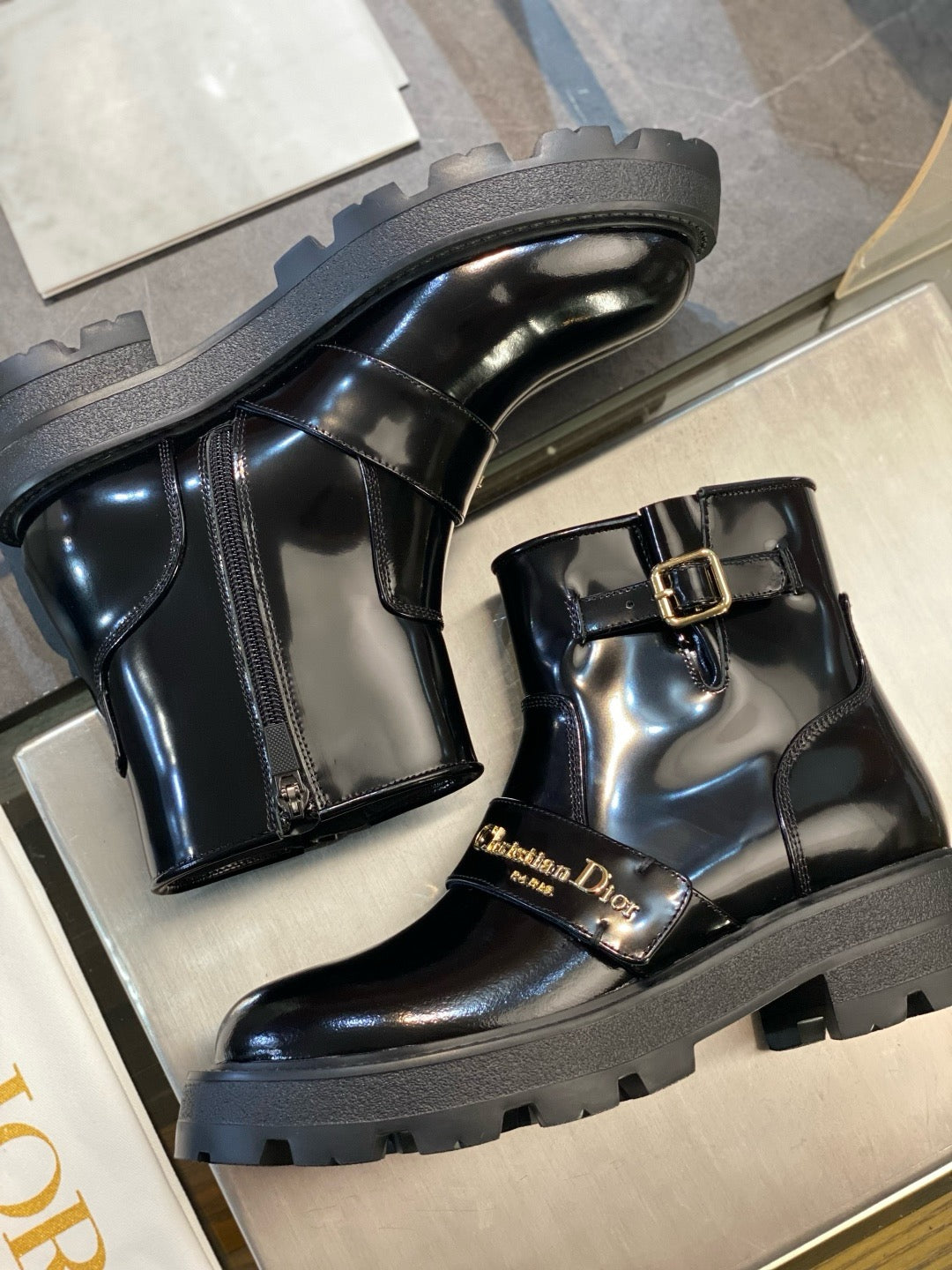 Black Leather Buckle Biker Boot - Women's