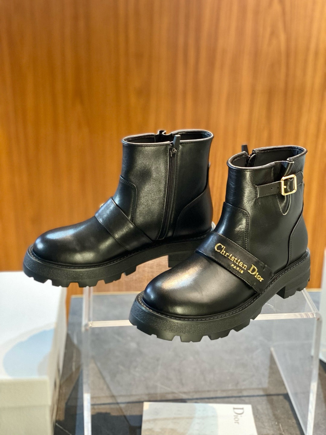 Black Leather Buckle Biker Boot - Women's