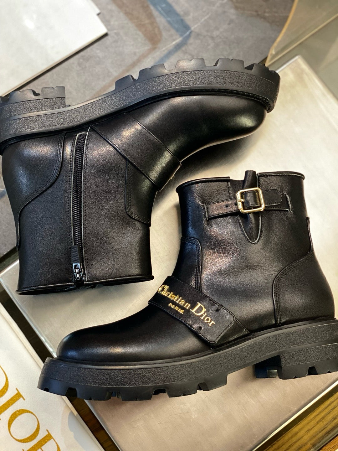 Black Leather Buckle Biker Boot - Women's