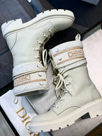 Black Leather Logo Strap Combat Boot - Women's