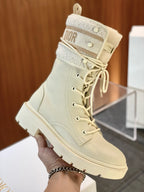 Black Leather Logo Strap Combat Boot - Women's