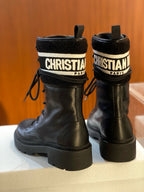 Black Leather Logo Strap Combat Boot - Women's