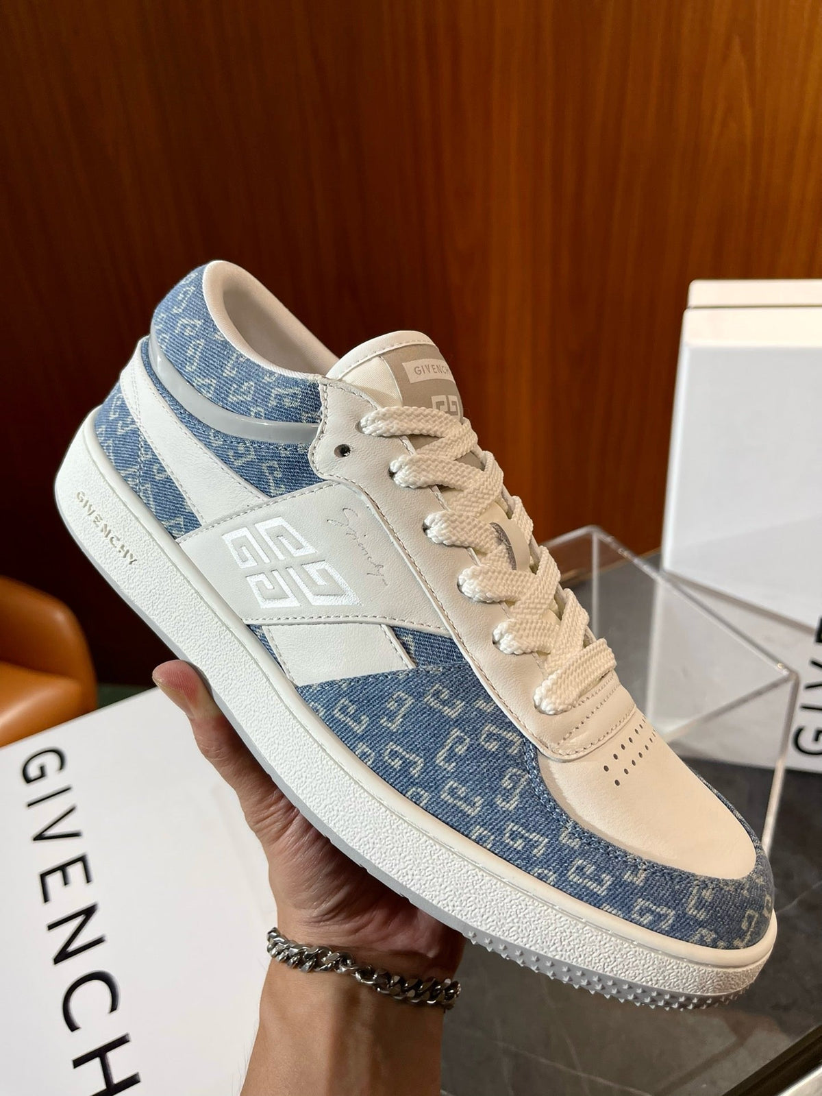 Cream Leather Panelled Low-Top - Men's