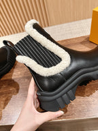 Black Leather Shearling-Lined Ankle Boot - Women's