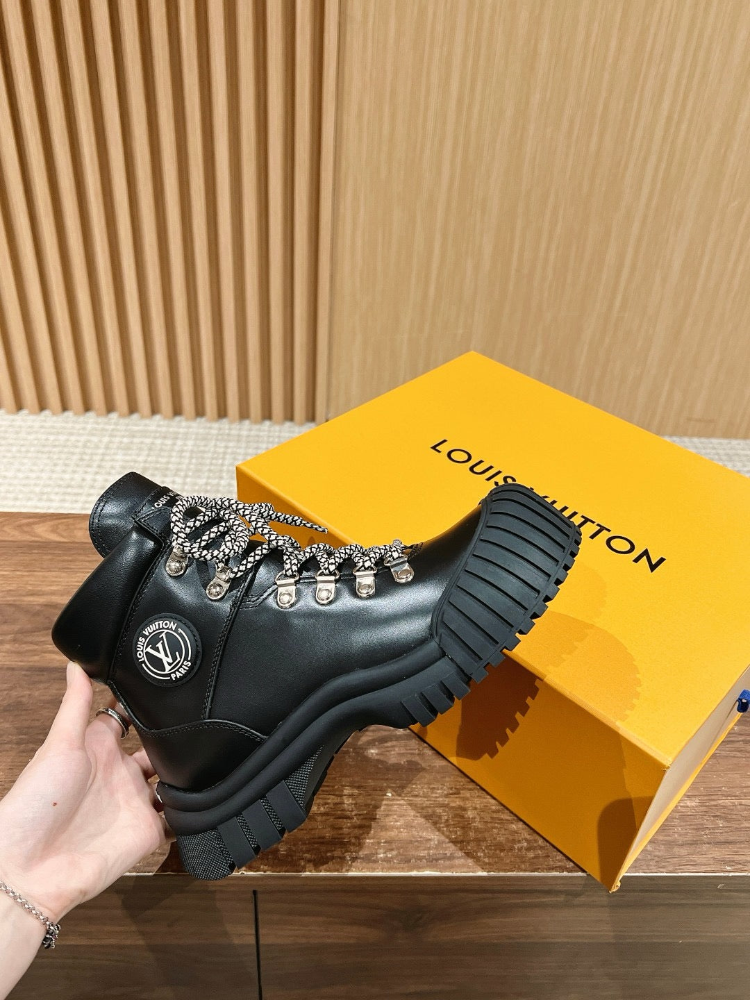 Black Leather Lug Sole Lace-Up Boot - Women's