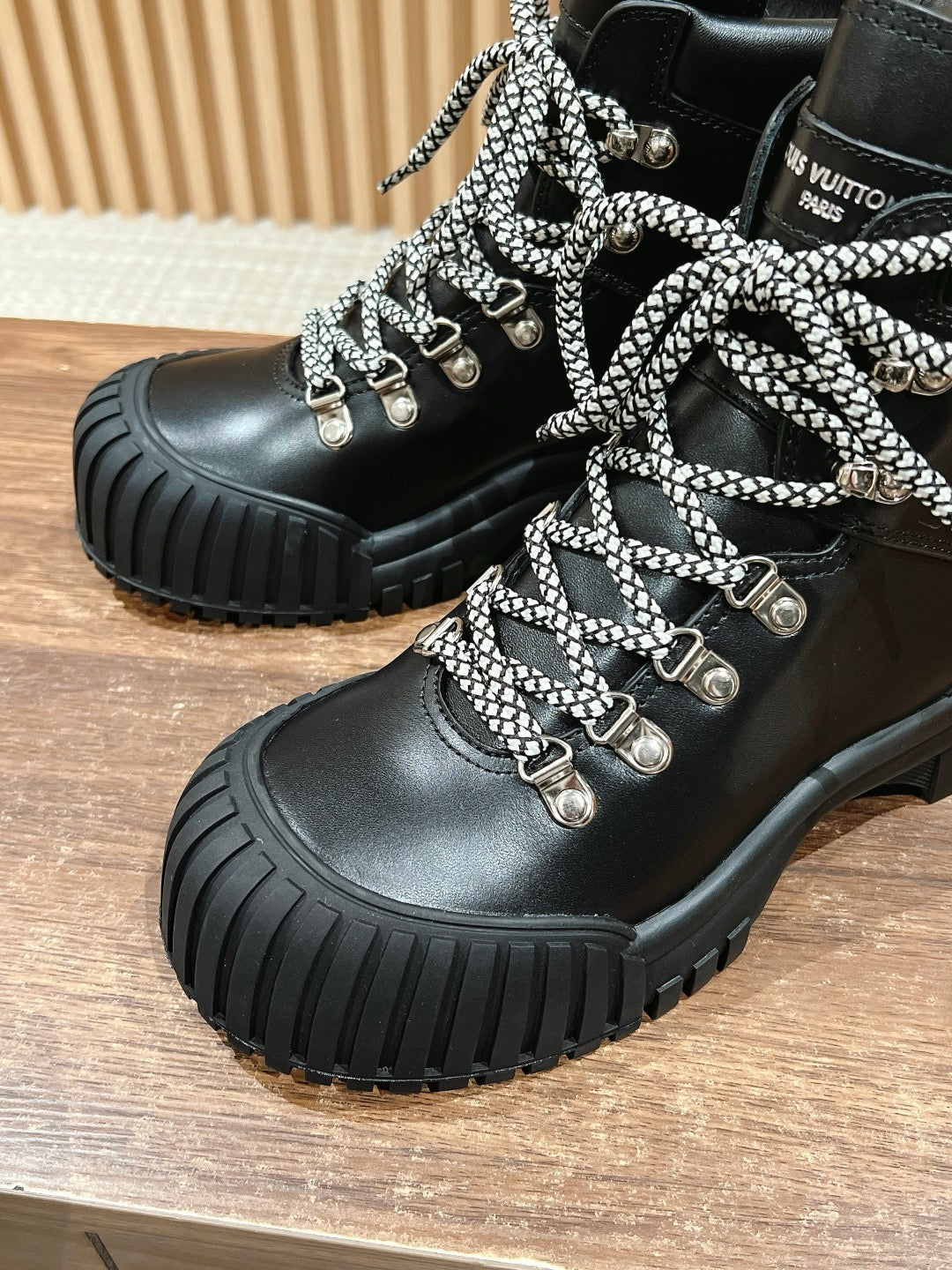 Black Leather Lug Sole Lace-Up Boot - Women's