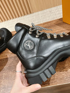 Black Leather Lug Sole Lace-Up Boot - Women's