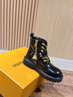 Black Leather Gold Hardware Ankle Boot - Women's