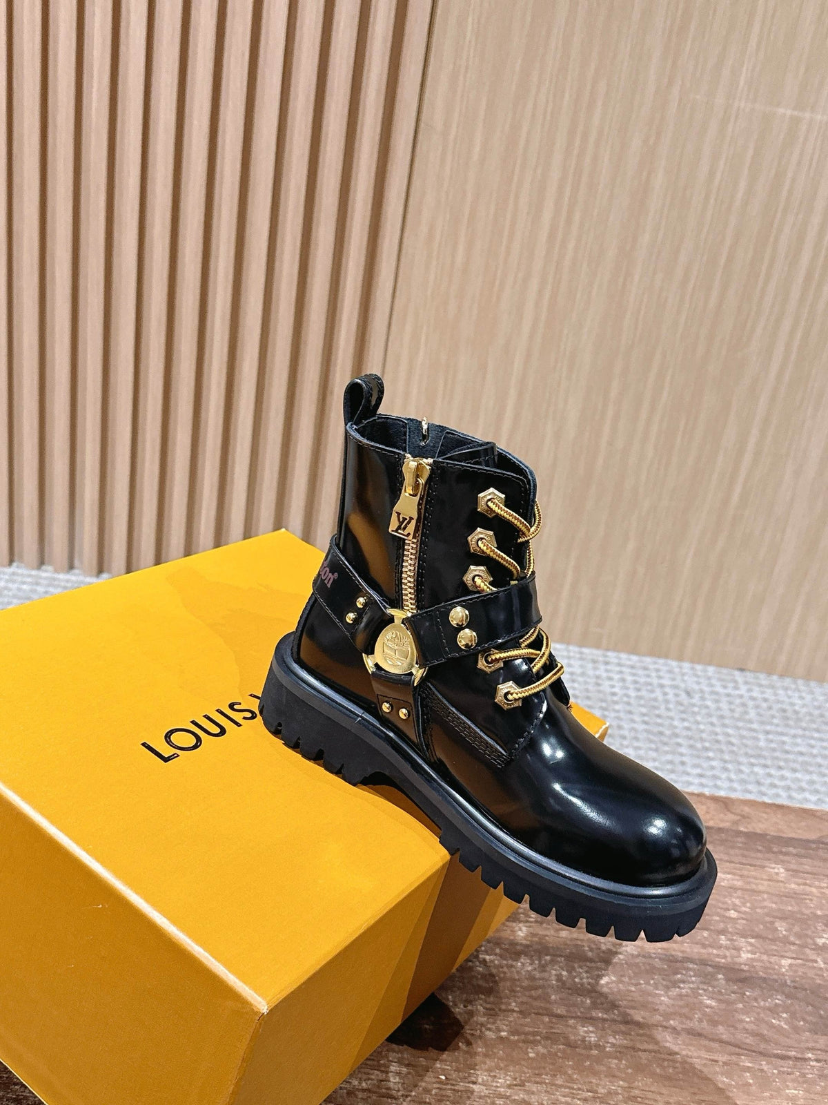 Black Leather Gold Hardware Ankle Boot - Women's