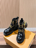 Black Leather Gold Hardware Ankle Boot - Women's