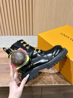 Black Leather Gold Hardware Ankle Boot - Women's