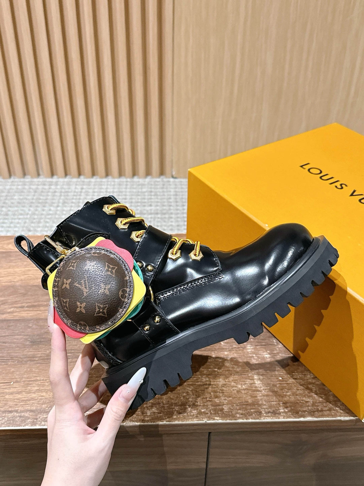 Black Leather Gold Hardware Ankle Boot - Women's