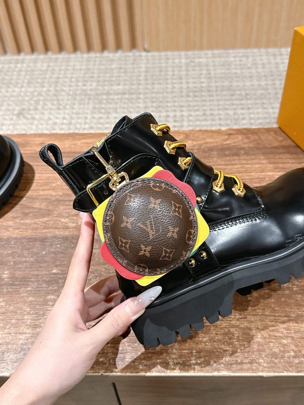 Black Leather Gold Hardware Ankle Boot - Women's