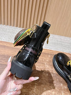Black Leather Gold Hardware Ankle Boot - Women's