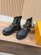 Black Leather Gold Hardware Ankle Boot - Women's