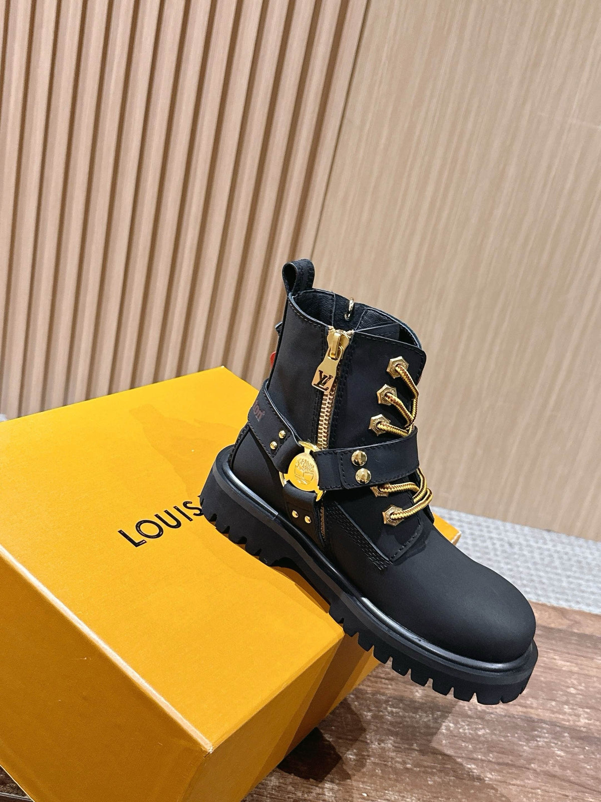 Black Leather Gold Hardware Ankle Boot - Women's