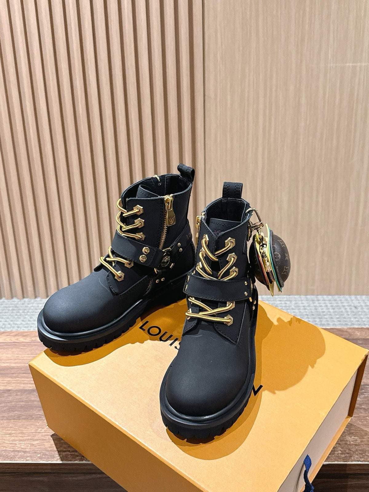 Black Leather Gold Hardware Ankle Boot - Women's