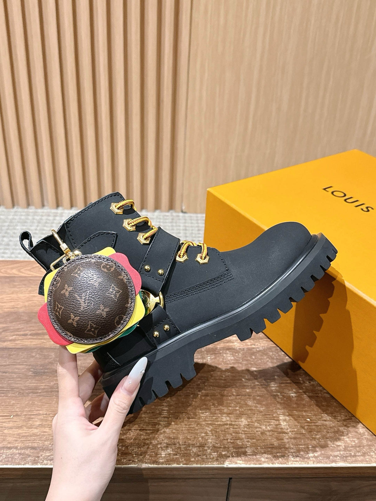 Black Leather Gold Hardware Ankle Boot - Women's