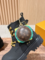 Black Leather Gold Hardware Ankle Boot - Women's