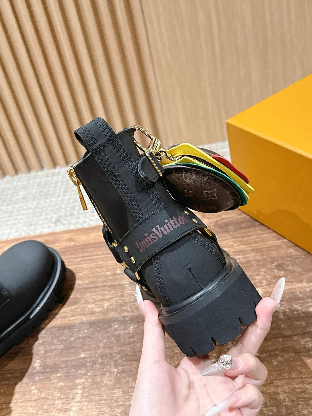 Black Leather Gold Hardware Ankle Boot - Women's