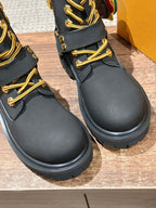Black Leather Gold Hardware Ankle Boot - Women's