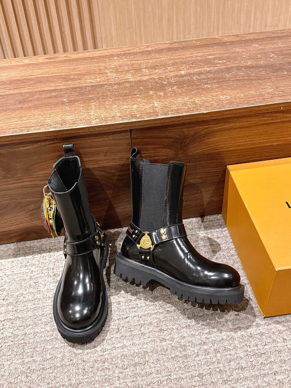Black Leather Charm Combat Boot - Women's