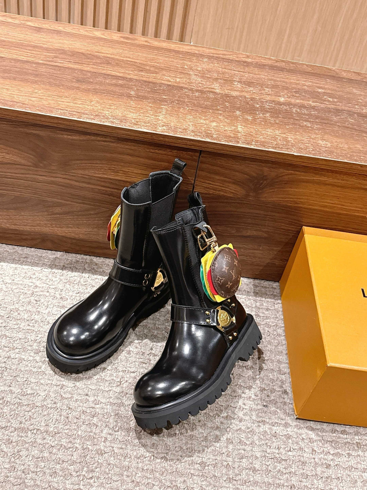 Black Leather Charm Combat Boot - Women's