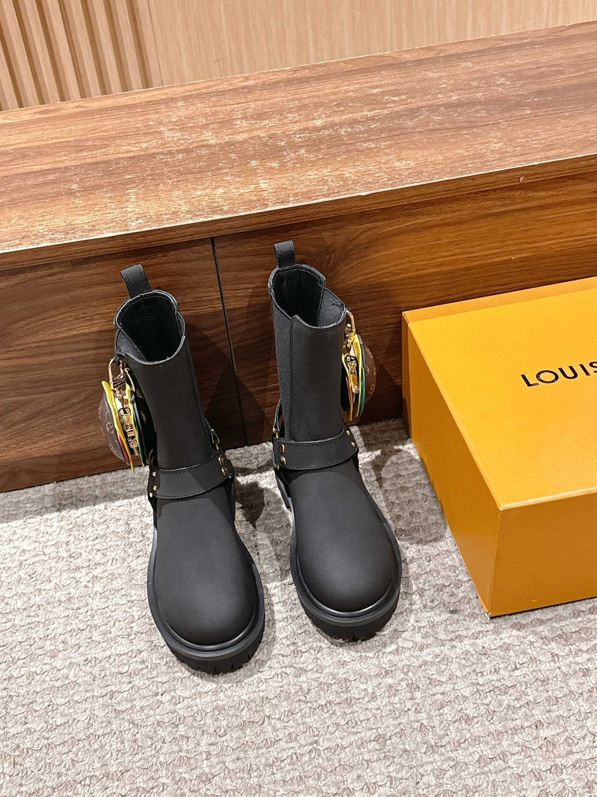 Black Leather Charm Combat Boot - Women's