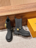 Black Leather Charm Combat Boot - Women's
