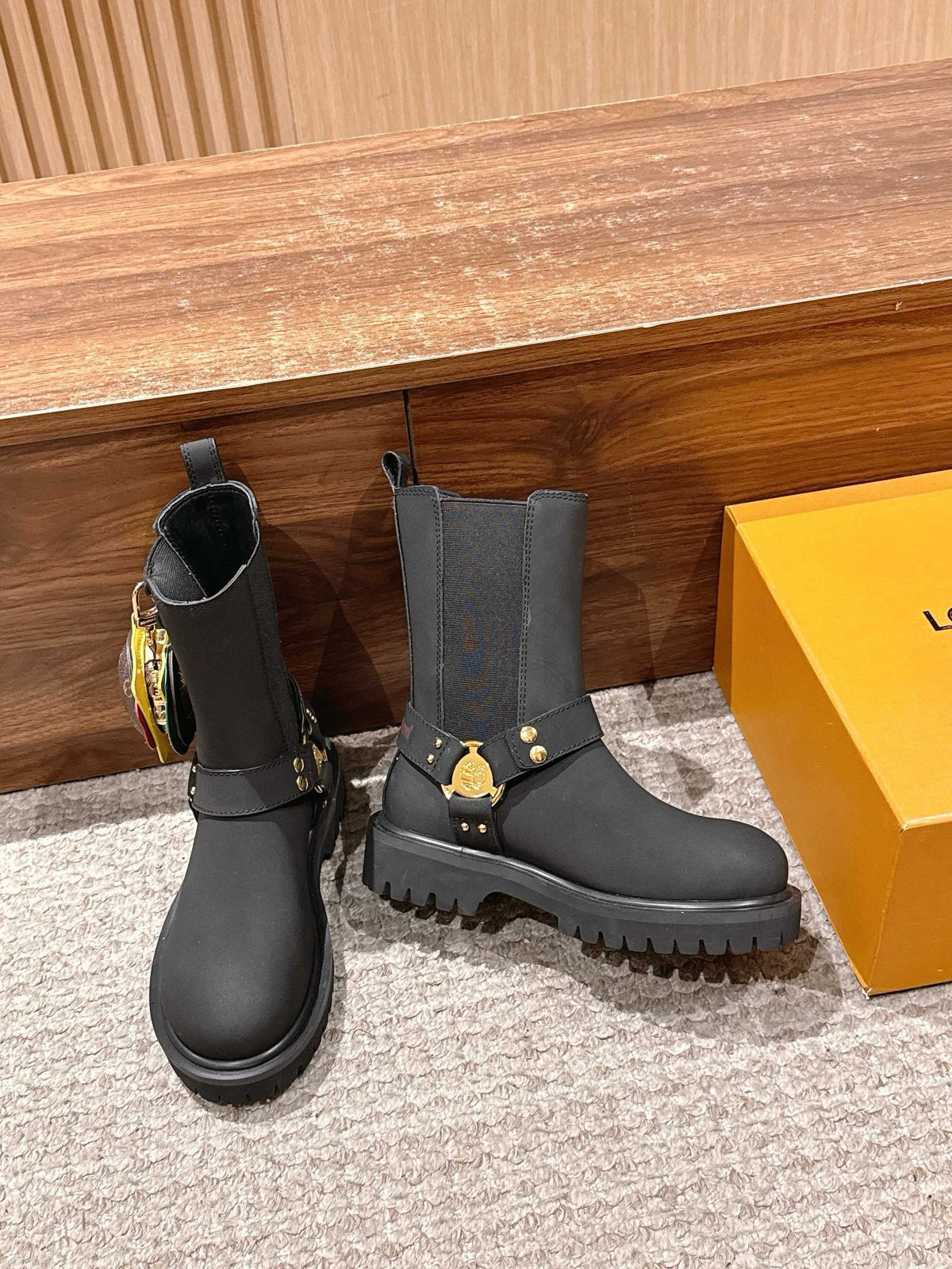 Black Leather Charm Combat Boot - Women's