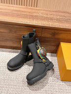 Black Leather Charm Combat Boot - Women's