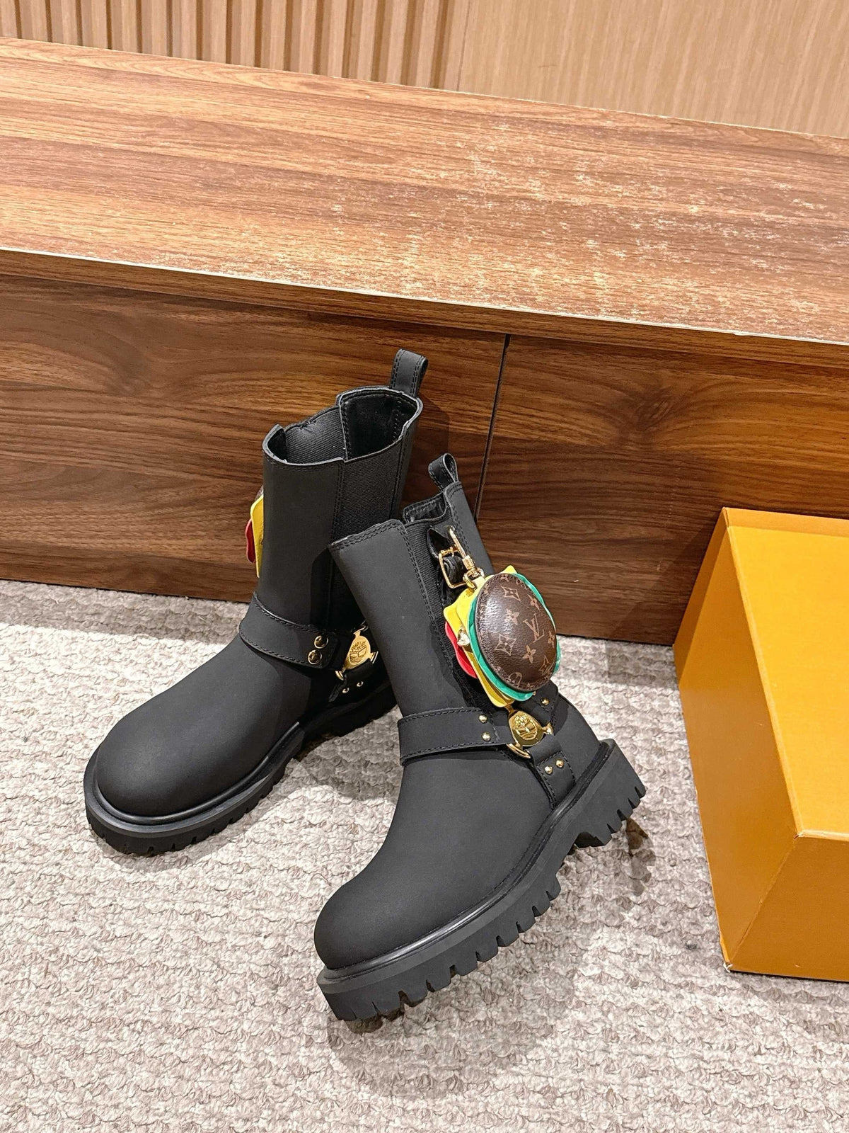 Black Leather Charm Combat Boot - Women's