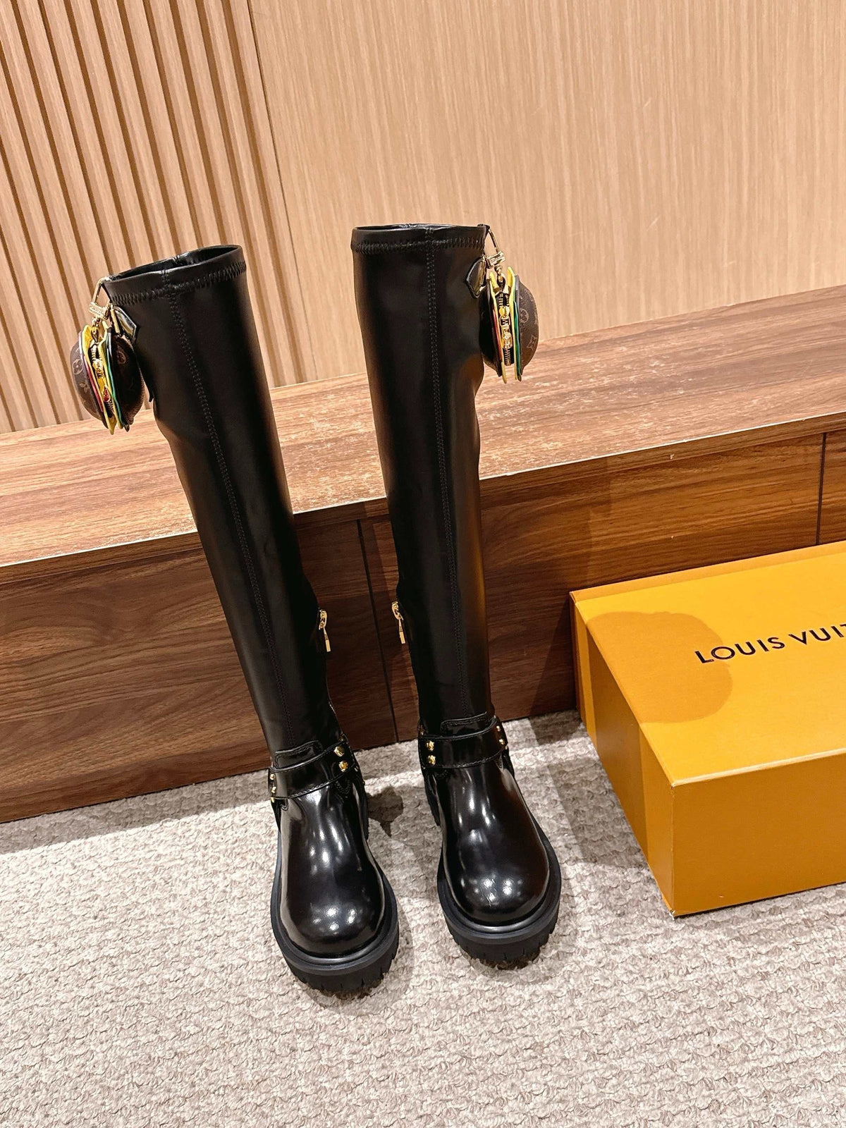 Black Leather Charm Knee-High Boot - Women's