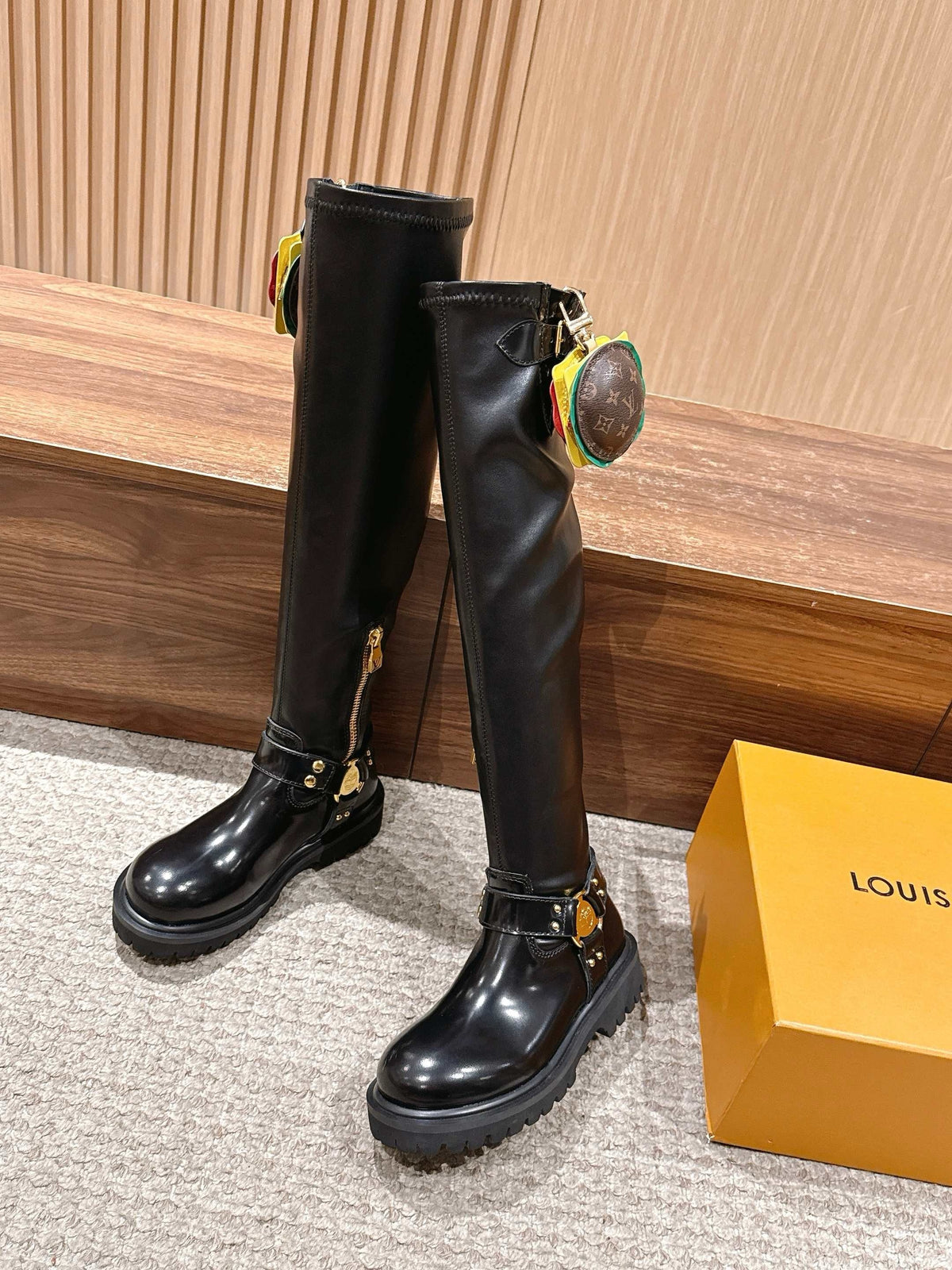 Black Leather Charm Knee-High Boot - Women's