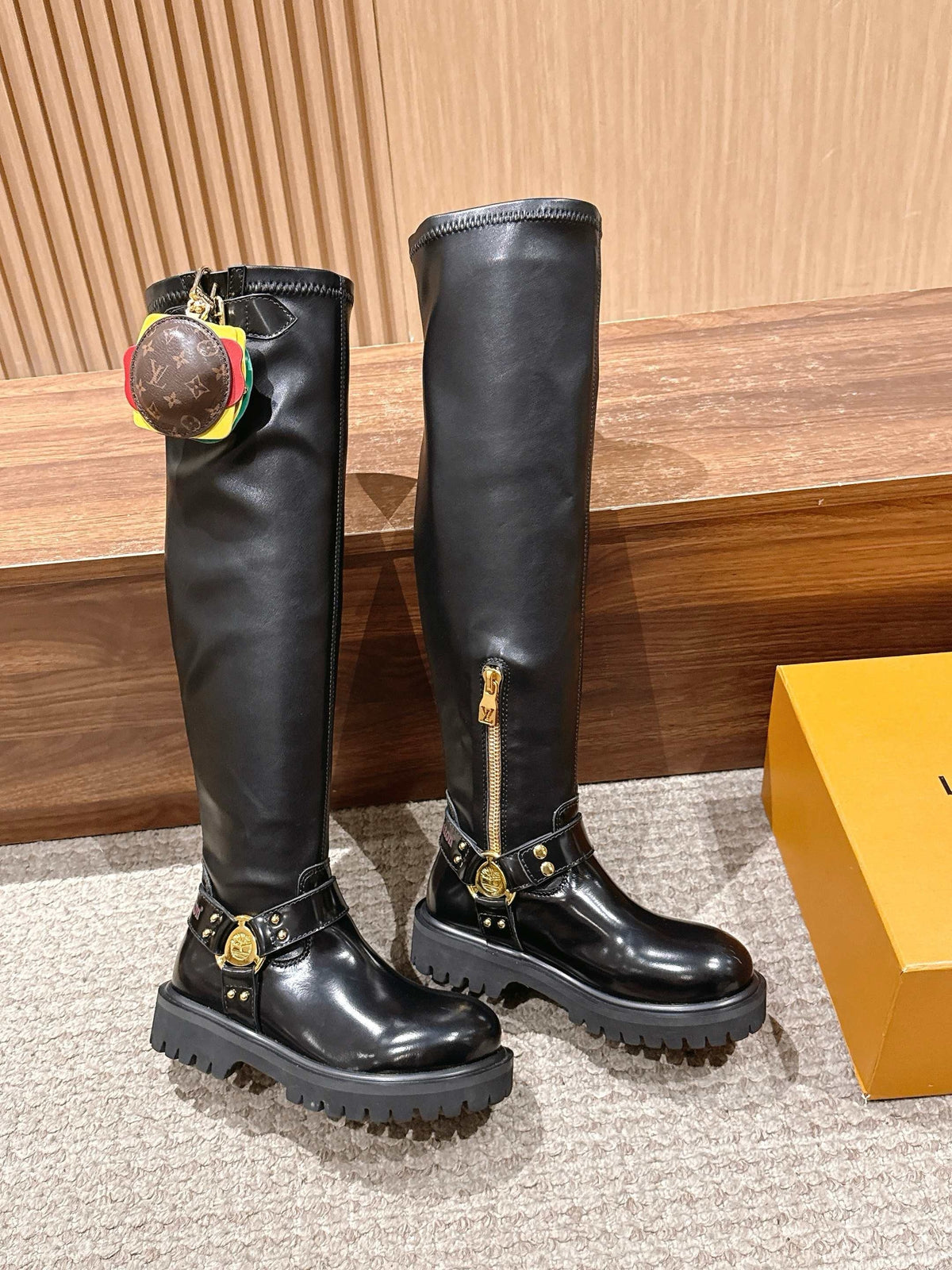 Black Leather Charm Knee-High Boot - Women's