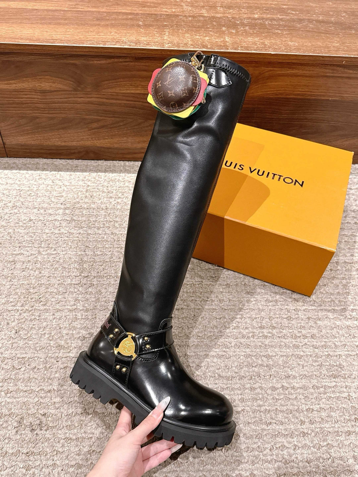 Black Leather Charm Knee-High Boot - Women's