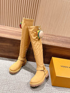 Schwarzer kniehoher Stiefel mit Lederbesatz – Damen